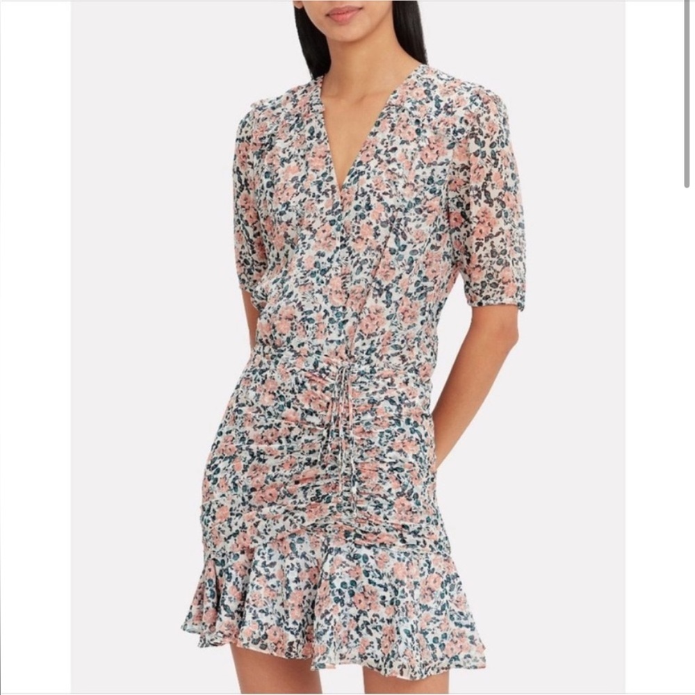 Veronica Beard Dakota Ruched Floral V-Neck Ruffle Hem Mini Dress size 6